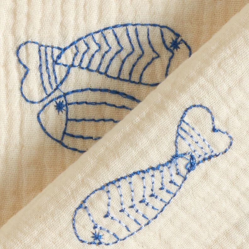 mussolina / tessuto doppio increspato Pesci ricamati | Poppy Fabrics – bianco lana/blu reale,  image number 4
