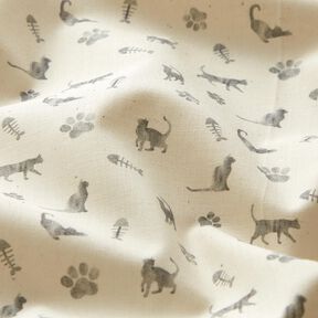 popeline di cotone bio Gatti e impronte di zampe – bianco lana/grigio, 
