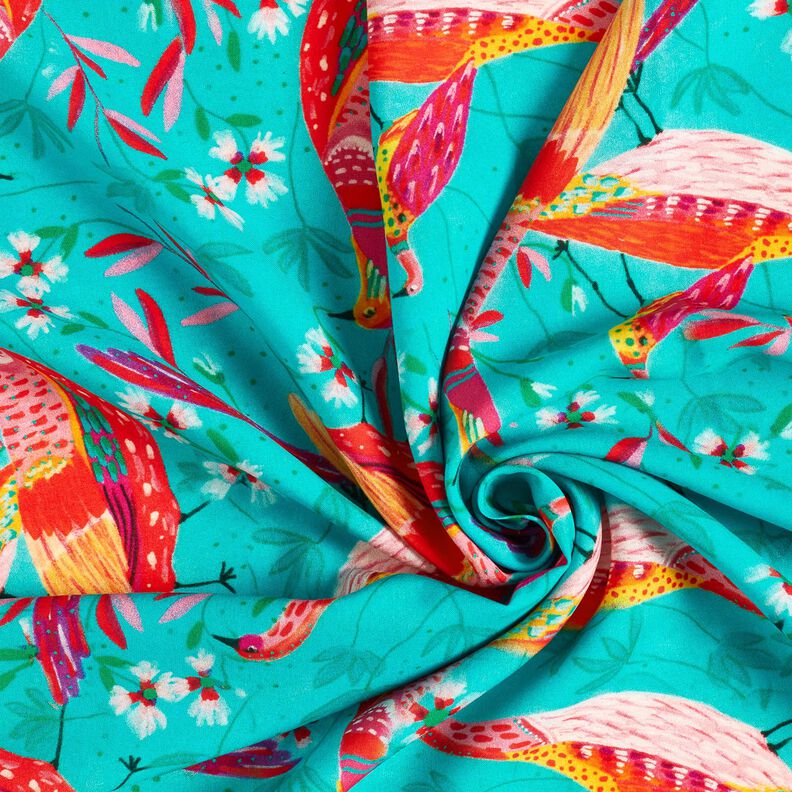 Tessuto in viscosa per abbigliamento da spiaggia con pavoni e fiori – azzurro/rosa fucsia acceso, image number 3