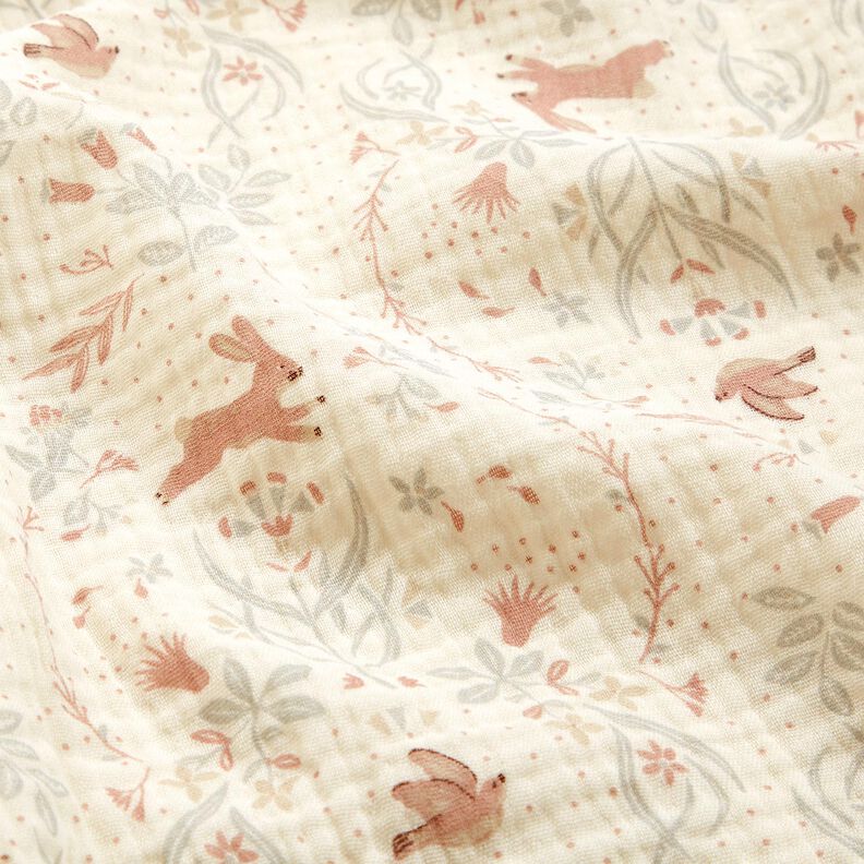 mussolina / tessuto doppio increspato Uccello e coniglio nel giardino fiorito – bianco lana,  image number 2