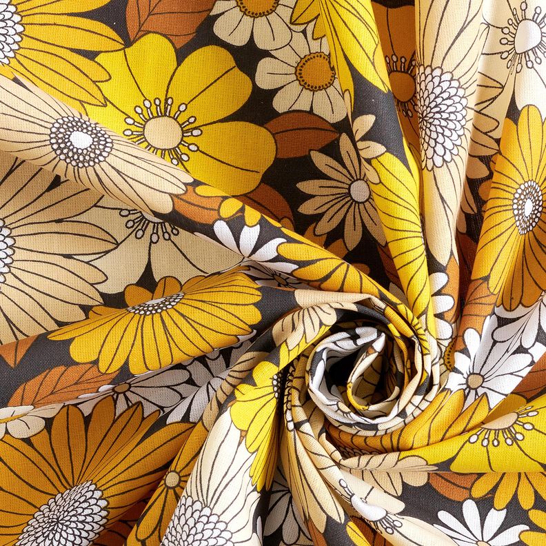 tessuto in cotone cretonne Grandi fiori retrò – nero/giallo sole,  image number 3