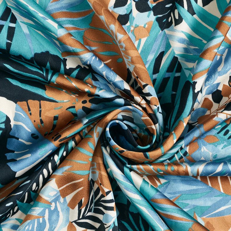 tessuto crêpe satin Palme e Monstera – blu brillante/nero-azzurro | Resto 130cm,  image number 3