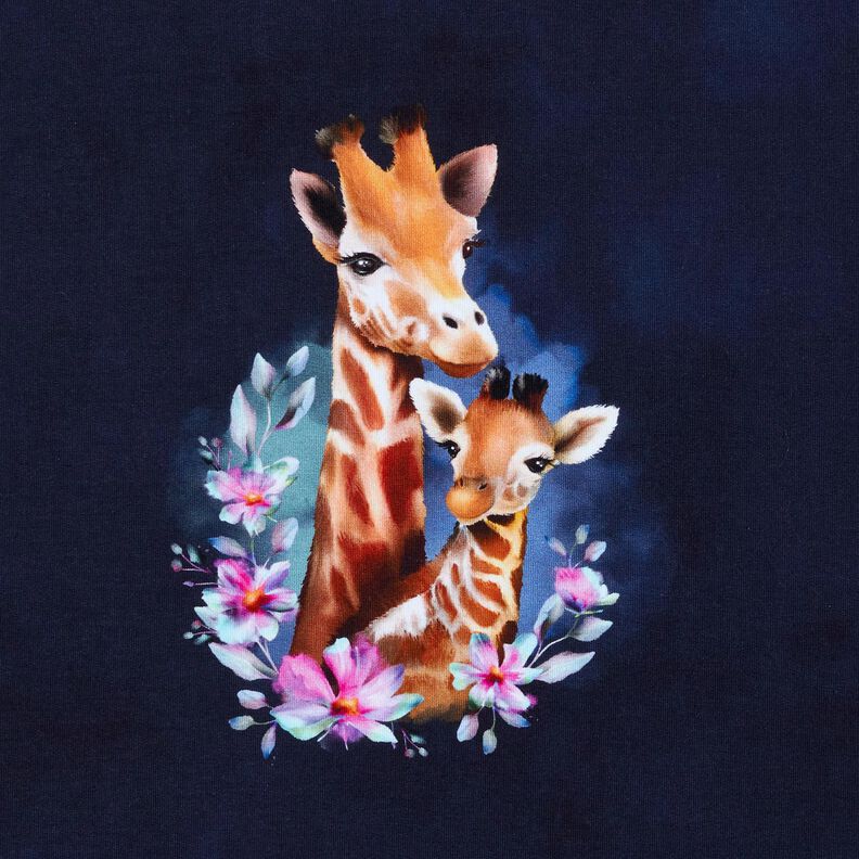 French terry, felpa estiva Famiglia di giraffe taglio di tessuto | Glitzerpüppi – blu notte,  image number 6