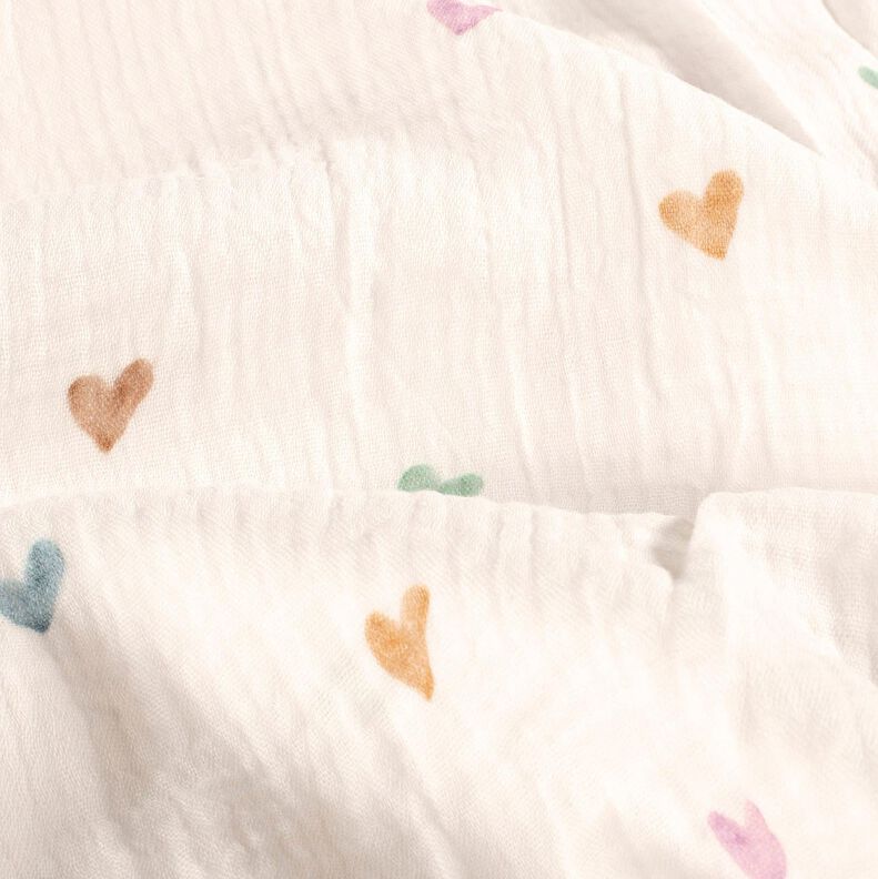 mussolina / tessuto doppio increspato Cuori variopinti stampa digitale – bianco,  image number 2