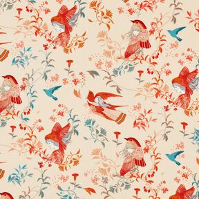 Tessuto in viscosa LENZING™ ECOVERO™ con uccelli e fate | Katia Fabrics – crema/rosso fuoco, 