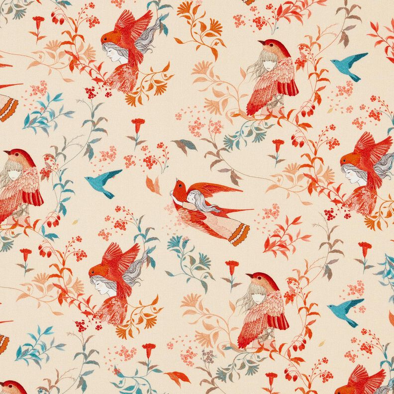 Tessuto in viscosa LENZING™ ECOVERO™ con uccelli e fate | Katia Fabrics – crema/rosso fuoco, image number 1