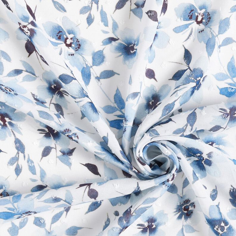 Tessuto in viscosa Dobby con stampa digitale di fiori ad acquerello – avorio/blu jeans chiaro,  image number 3