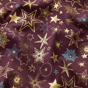 tessuto in cotone popeline Grandi stelle – rosso merlot/oro, 