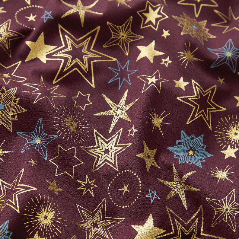 tessuto in cotone popeline Grandi stelle – rosso merlot/oro, image number 2