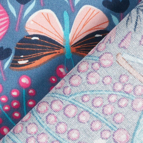 tessuto in cotone cretonne farfalle e fiori – grigio blu/pink,  image number 4