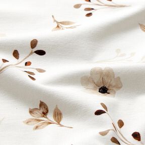 GOTS jersey di cotone Stampa digitale di fiori e rami all'acquerello – bianco/marrone chiaro, 