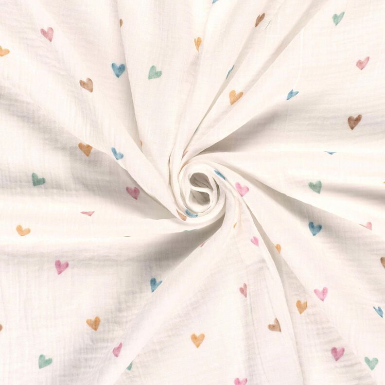 mussolina / tessuto doppio increspato Cuori variopinti stampa digitale – bianco,  image number 3