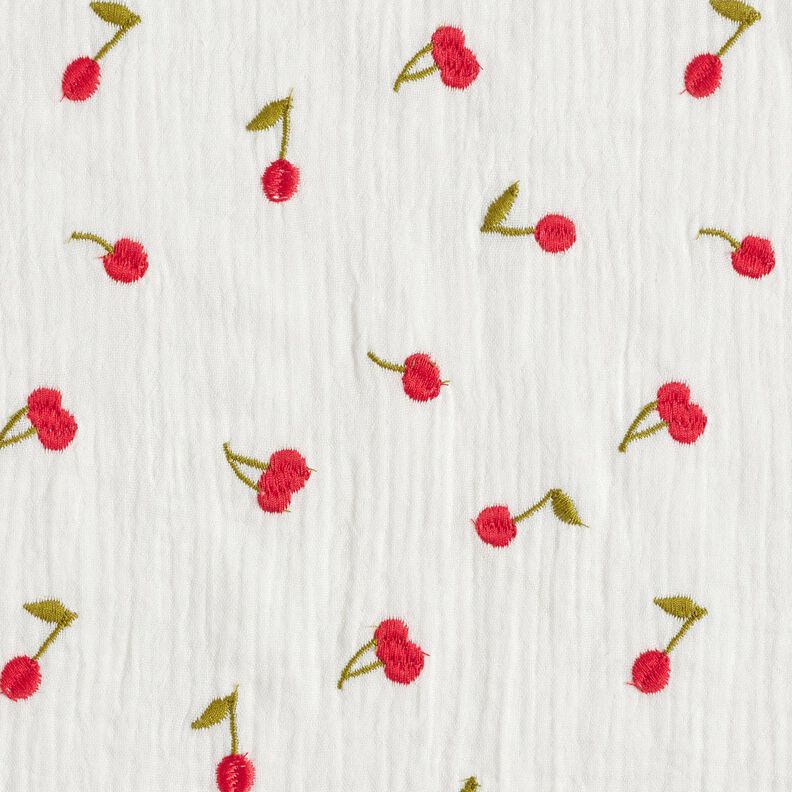mussolina / tessuto doppio increspato Ciliegie ricamate | Poppy Fabrics – bianco/rosso fuoco,  image number 1