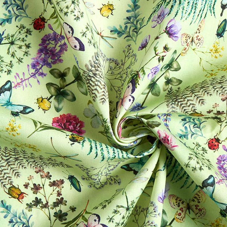 Tessuti da esterni canvas fiori selvatici & insetti – verde pastello,  image number 3