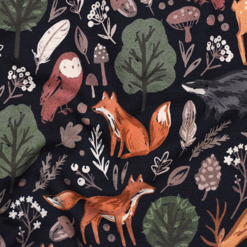 felpa garzata animali nella foresta stampa digitale | Poppy Fabrics – blu notte, image number 2