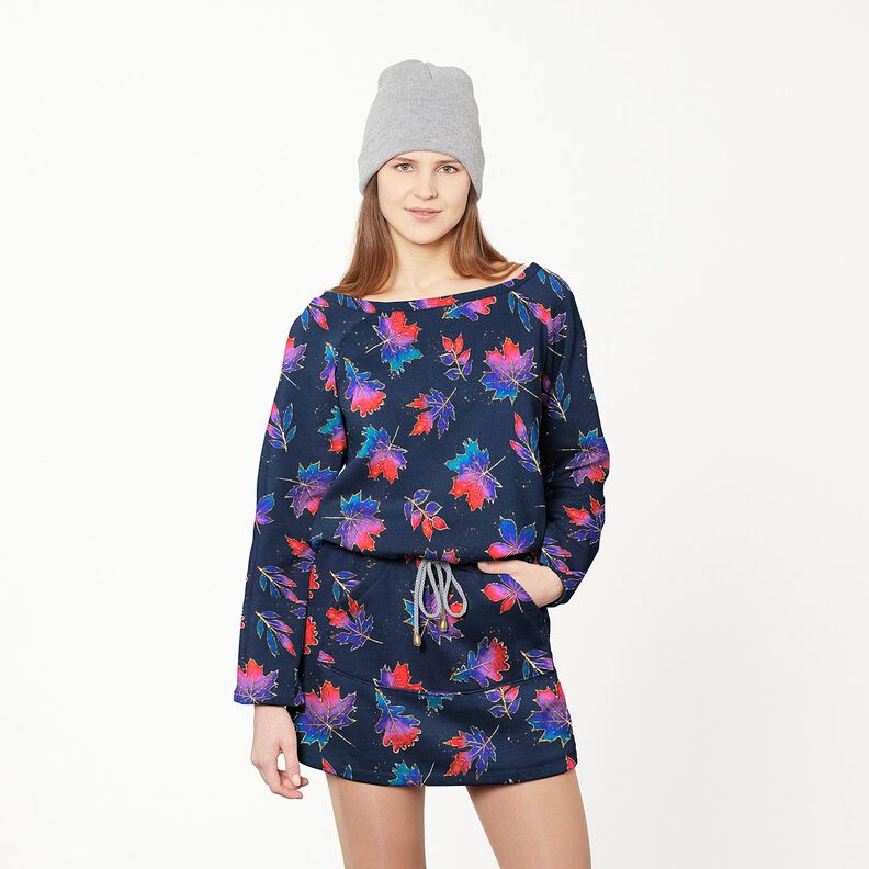 French terry Foglie autunnali variopinte | Glitzerpüppi – blu notte/rosso fuoco,  image number 5
