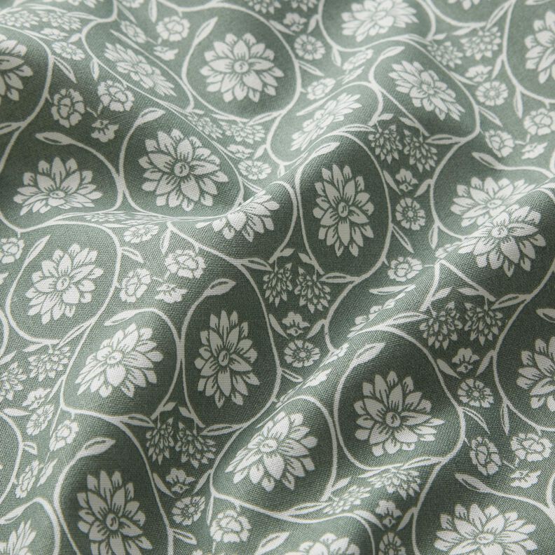 tessuto in cotone cretonne Fiori e tralci – canna palustre/bianco, image number 2