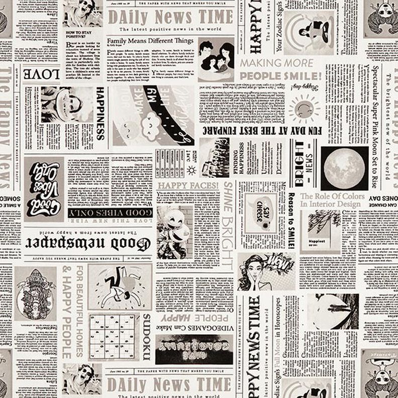 tessuto arredo mezzo panama giornale rétro – bianco/nero,  image number 1