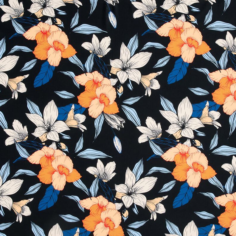 tessuto per costumi da bagno Grandi fiori di ibisco – nero-azzurro/albicocca,  image number 1