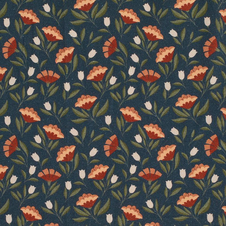 tessuto in cotone popeline Fiori delicati – nero-azzurro/terracotta, image number 1