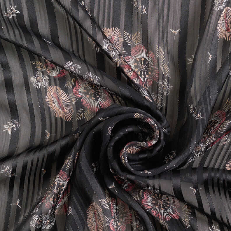 Chiffon con fiori in raso e righe metalliche – nero/bianco,  image number 4