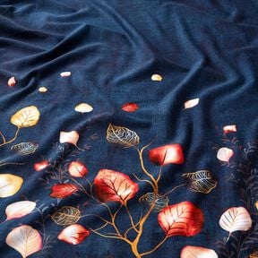 French terry tessuto con bordura Foglie autunnali | Glitzerpüppi – blu marino/arancio pesca, 