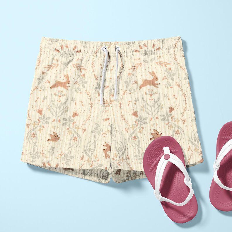 mussolina / tessuto doppio increspato Uccello e coniglio nel giardino fiorito – bianco lana,  image number 6