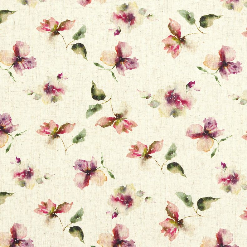 misto lino viscosa fiori acquerello – naturale/uva,  image number 1