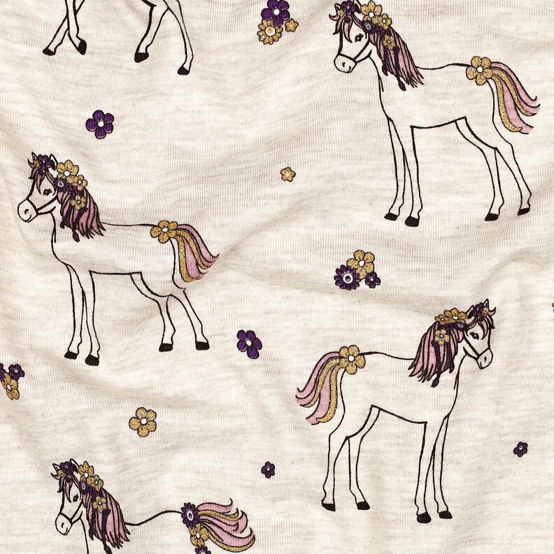 jersey di cotone cavallo e fiori glitterati | Poppy Fabrics – naturale/oro,  image number 2