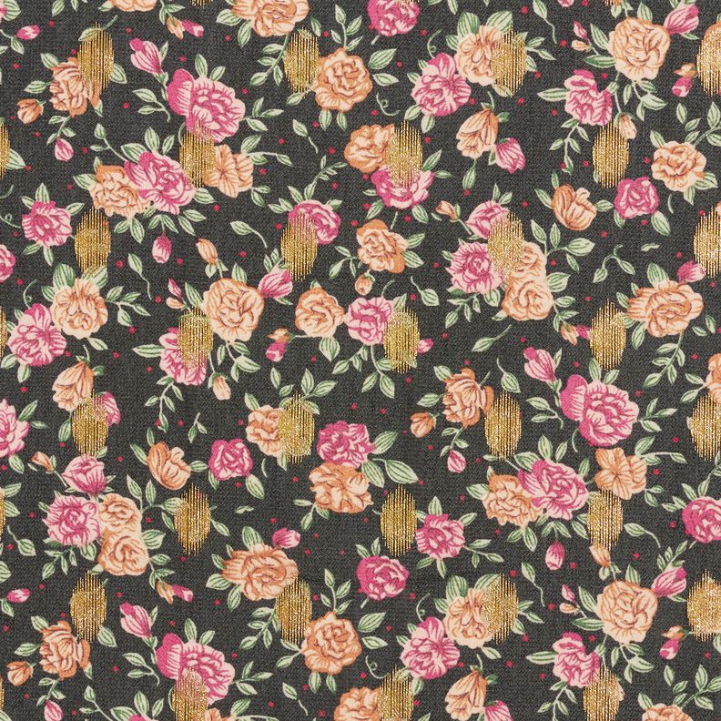 Chiffon a fiori crêpe e pois dorati – nero,  image number 1