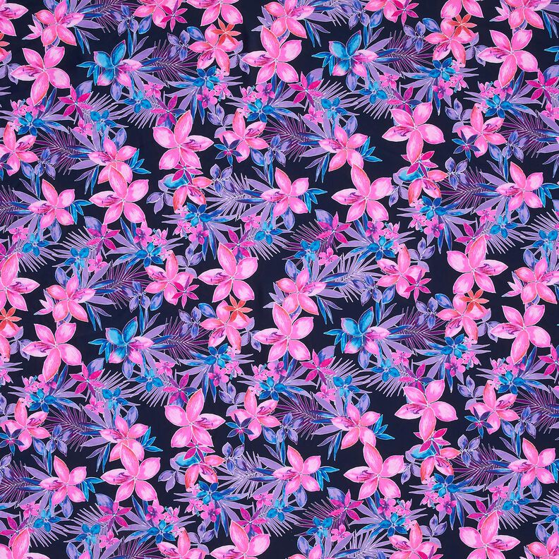 tessuto per costumi da bagno Fiori tropicali – blu marino/pink,  image number 1