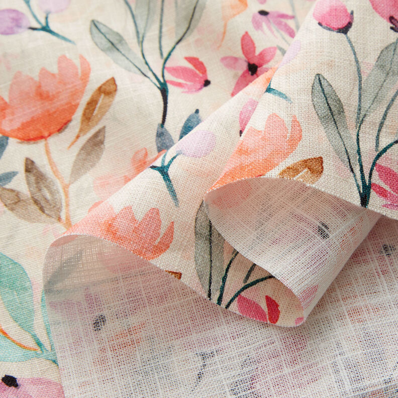 Misto lino-cotone con fiori primaverili acquerellati – bianco lana,  image number 3