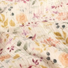 mussolina / tessuto doppio increspato prato di fiori acquerello stampa digitale – crema, 
