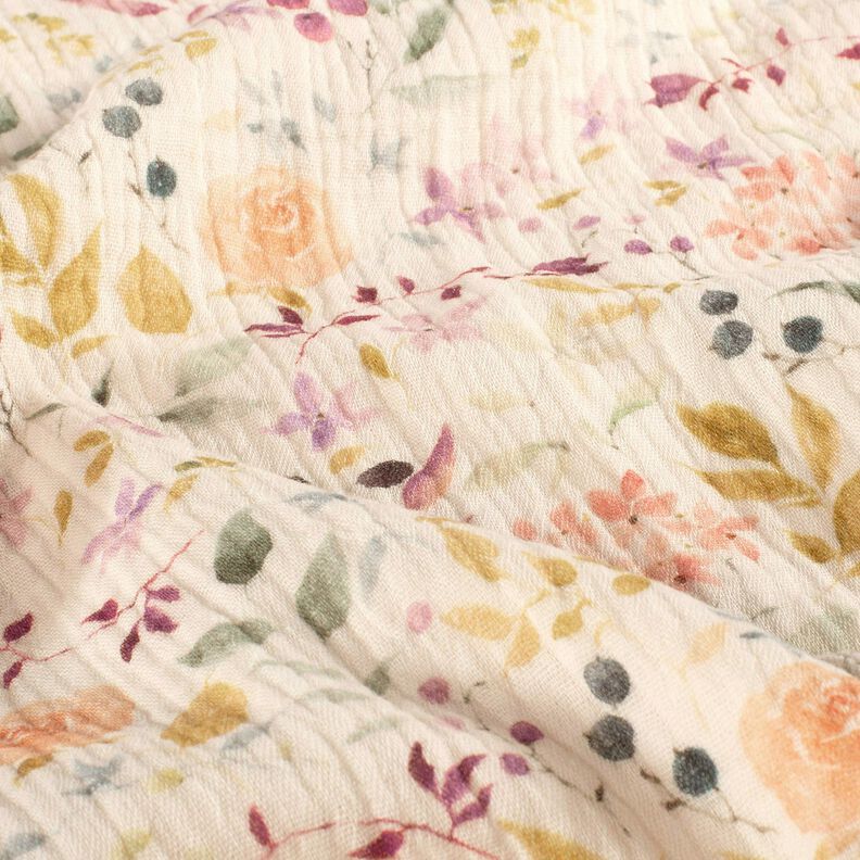 mussolina / tessuto doppio increspato prato di fiori acquerello stampa digitale – crema,  image number 2