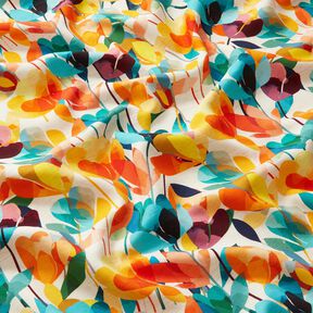 misto lino viscosa Fiori stilizzati – bianco lana/arancione, 