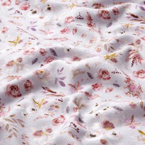 jersey a coste Stampa digitale di delicati fiori selvatici &ndash; lill&agrave; pastello/lill&agrave; rosso, 