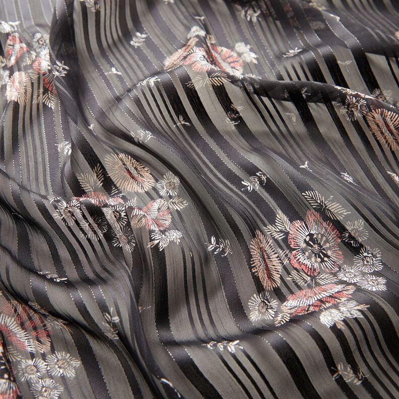 Chiffon con fiori in raso e righe metalliche – nero/bianco,  image number 2