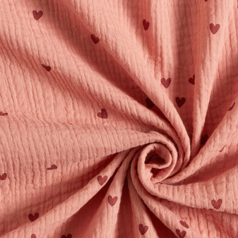 mussolina / tessuto doppio increspato Cuori sparsi – rosa antico scuro/rosso borgogna,  image number 3