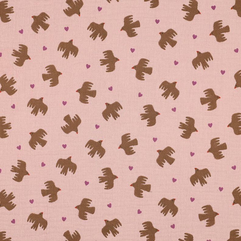 GOTS mussolina / tessuto doppio increspato Uccelli e cuori | Poppy Fabrics – rosa anticato, image number 1