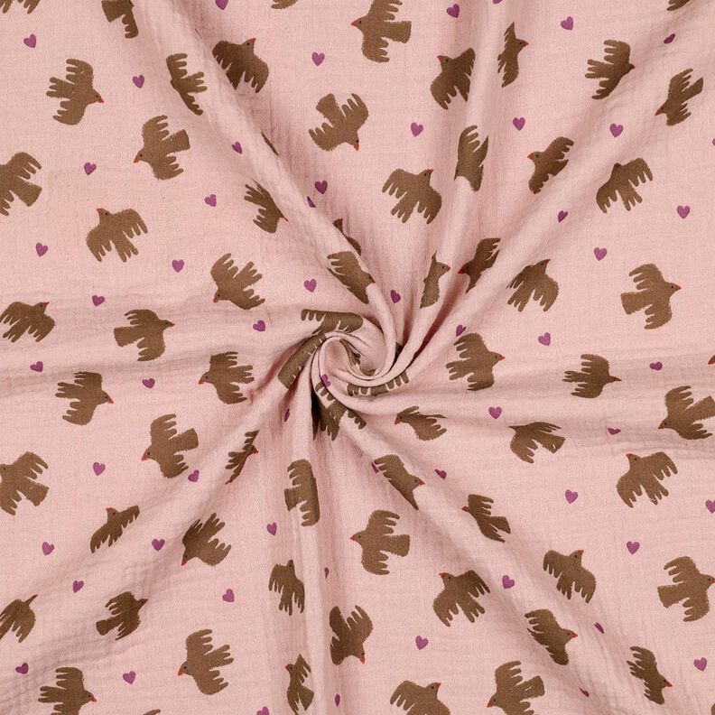 GOTS mussolina / tessuto doppio increspato Uccelli e cuori | Poppy Fabrics – rosa anticato, image number 4