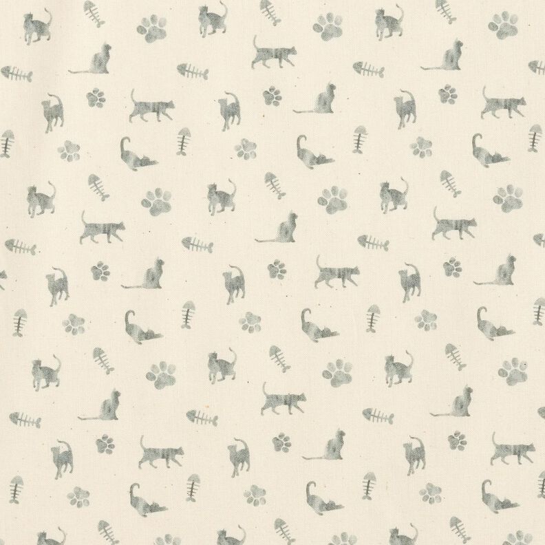 popeline di cotone bio Gatti e impronte di zampe – bianco lana/grigio,  image number 1