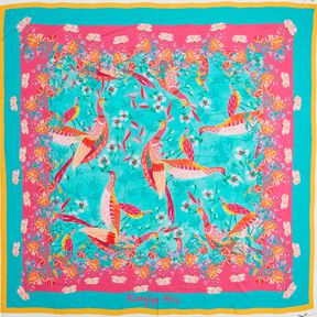 Pannello Pareo da spiaggia con pavoni e fiori – azzurro/rosa fucsia acceso, 
