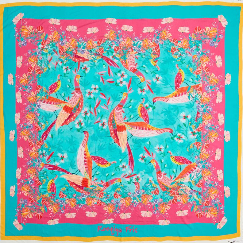 Pannello Pareo da spiaggia con pavoni e fiori – azzurro/rosa fucsia acceso,  image number 1
