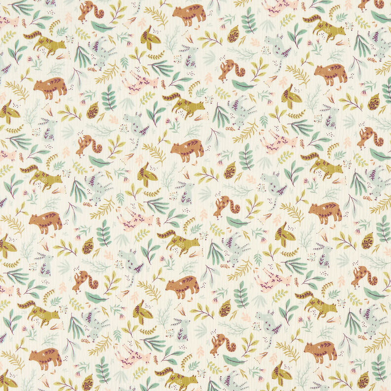 mussolina / tessuto doppio increspato Animali della foresta floreali – bianco lana,  image number 1