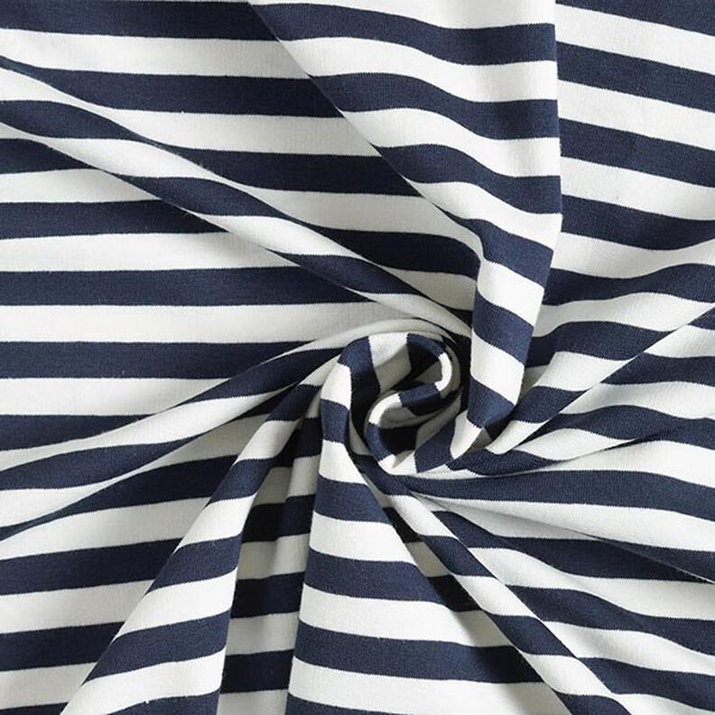 French terry, felpa estiva Righe tinte in filo – bianco lana/blu marino,  image number 4