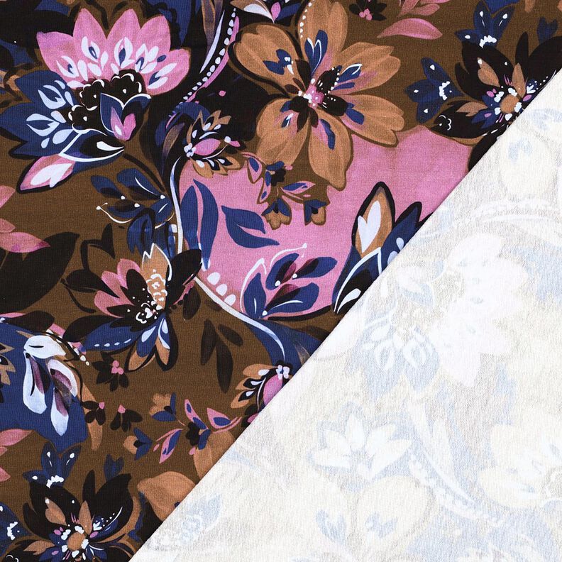 French terry, felpa estiva Fiori dipinti stampa digitale – indaco/marrone castagna,  image number 4