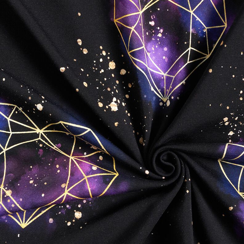 jersey di cotone Cuori origami con granelli dorati | Glitzerpüppi – nero/lillà,  image number 3