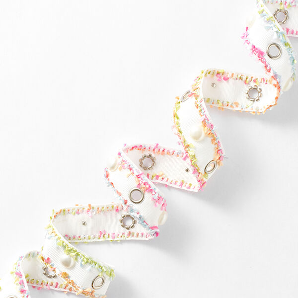 Nastro tessuto occhielli e perline [25 mm] – bianco/pink,  image number 1