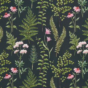 tessuti da esterni tessuti canvas foglie e fiori – verde scuro/violetto pastello, 