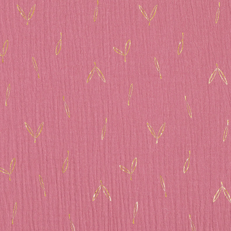mussolina / tessuto doppio increspato stampa laminata Foglie – lampone/oro,  image number 1